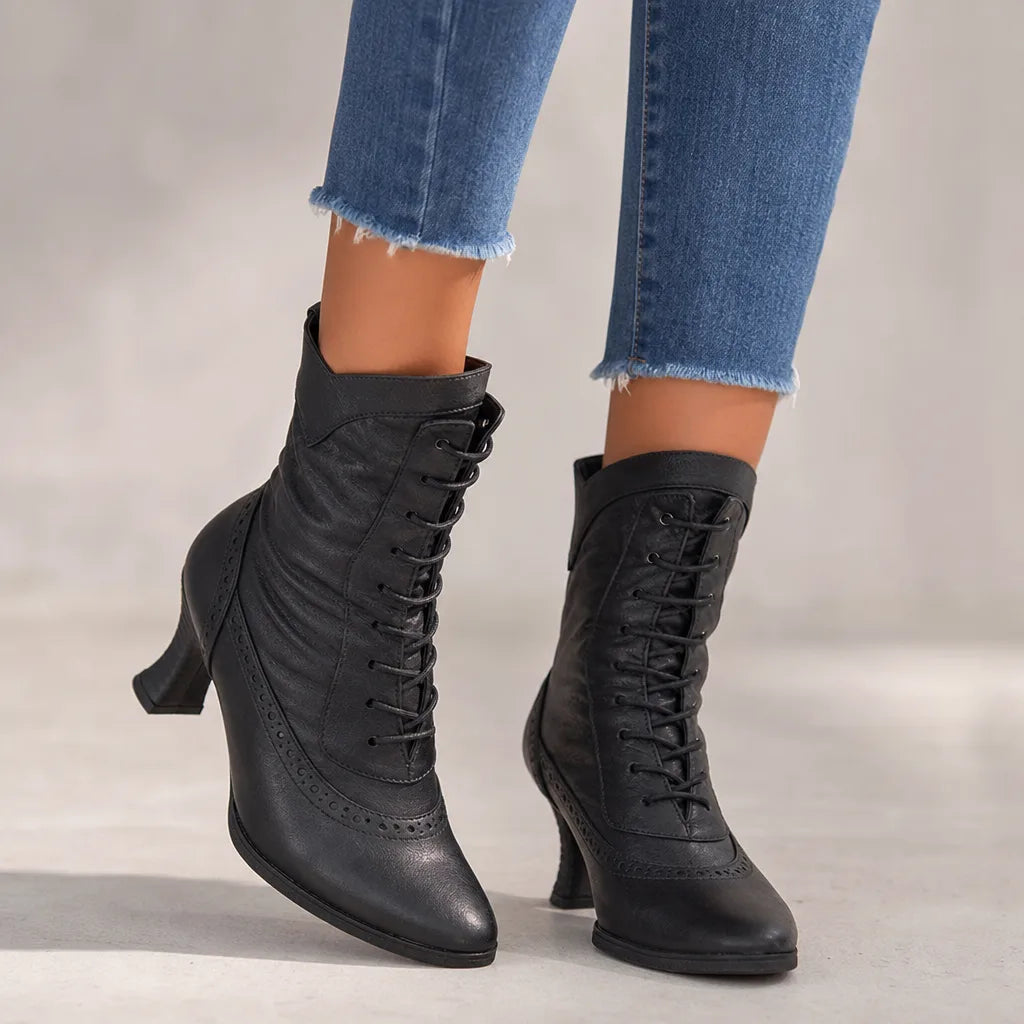 Juliette | Women's Fall Brown Ankle Lace Boots - Color:Black;Size:35