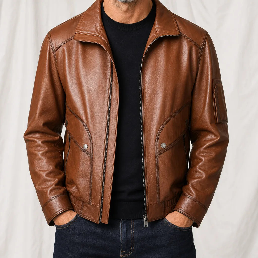 Warburton Leather Moto Jacket - Color:Brown;Size:S