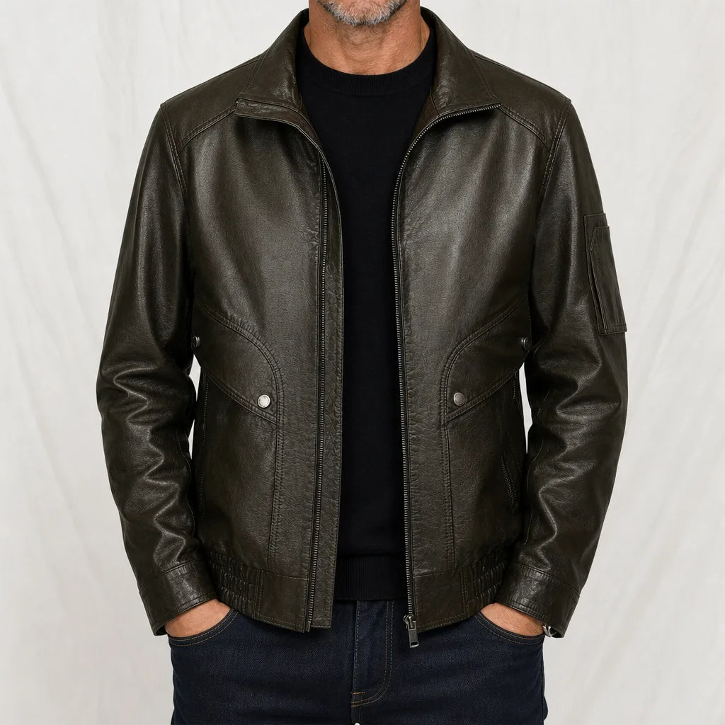 Warburton Leather Moto Jacket - Color:Green;Size:S