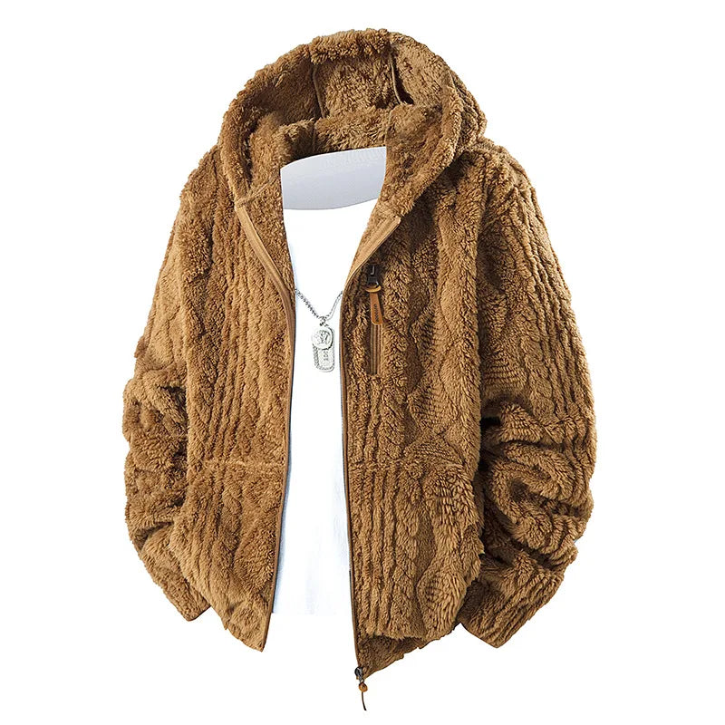 Warfield | Men's Cable Knitted Fleece Hooded Jacket - Color:Brown;Size:XS