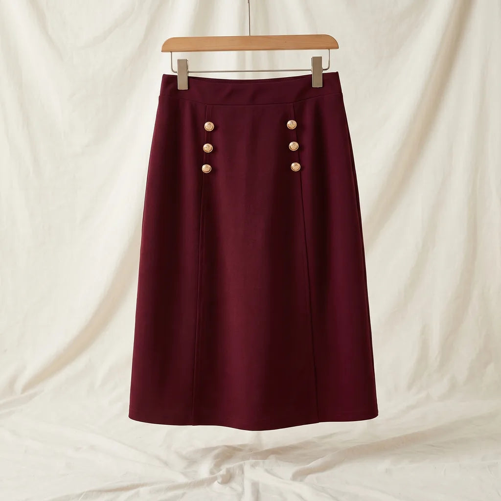 Weslie Button A-Line Skirt - Color:Red;Size:XS