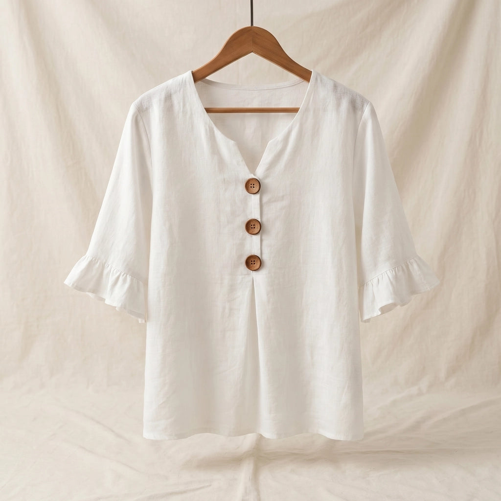 Jannet Cotton Linen V-Neck Top - Color:White;Size:XS
