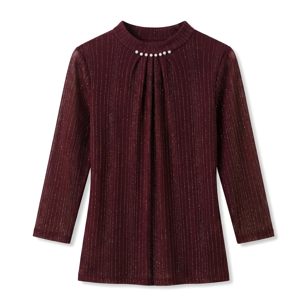Blythe Striped Mock Neck - Color:Wine Red;Size:S