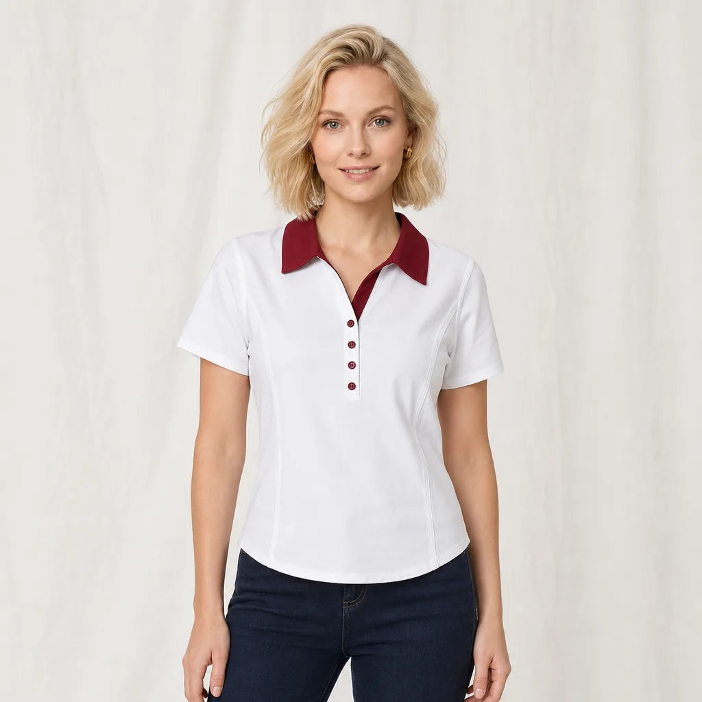 Women's White Beckett 纯棉夏季时尚拼接撞色POLO领纽扣短袖潮流新款百搭修身显瘦T恤衫