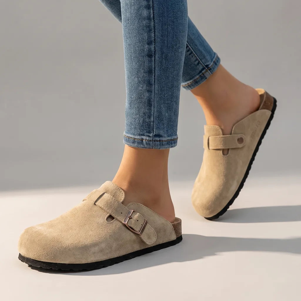 Wren | Suede Buckle Clogs - Color:Beige;Size:35