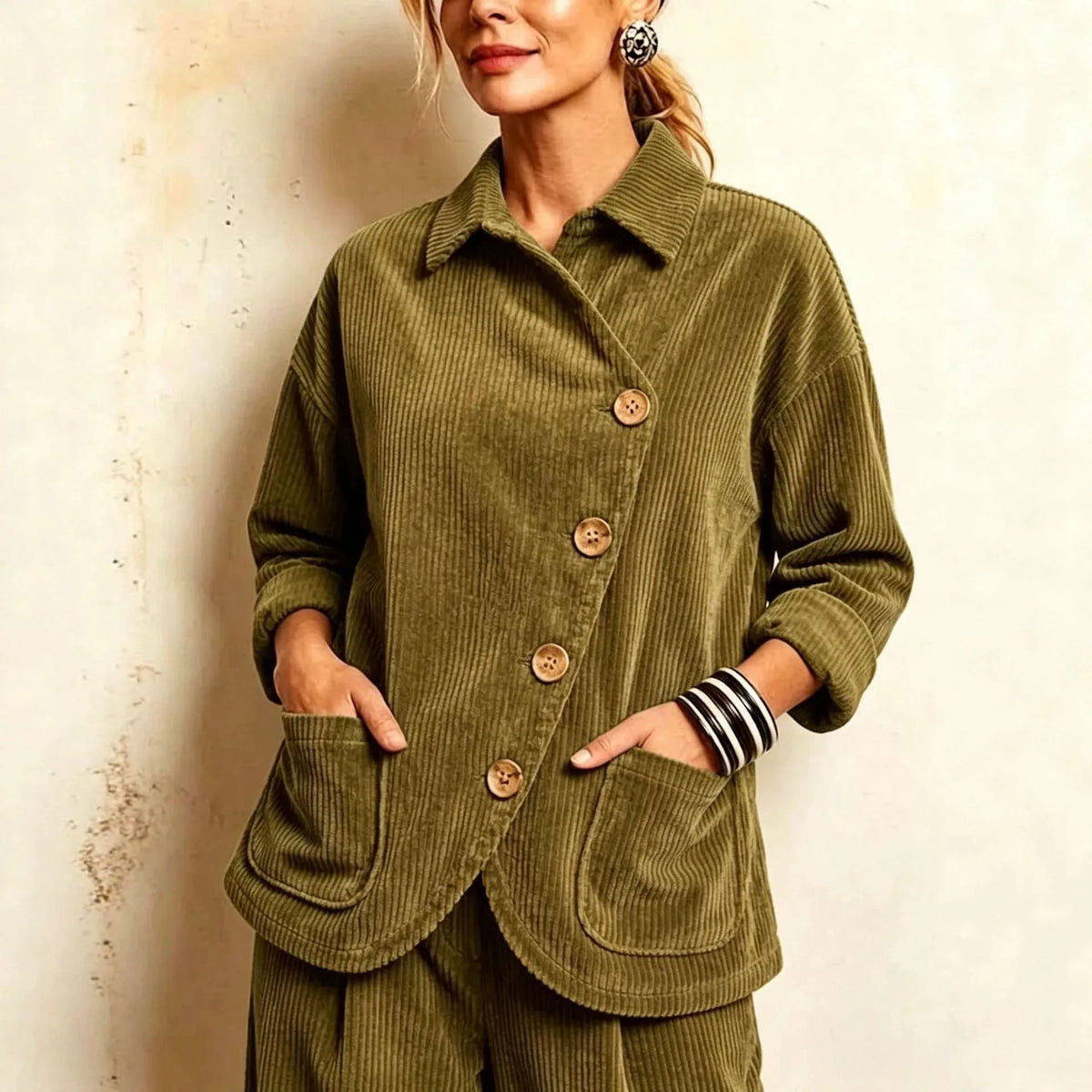 Yusra | Women's Corduroy Jacket - Color:Olive Green;Size:XS