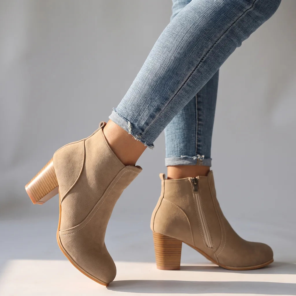 Zaina | Women's Block Heel Ankle Boots  - Color:Beige;Size:35