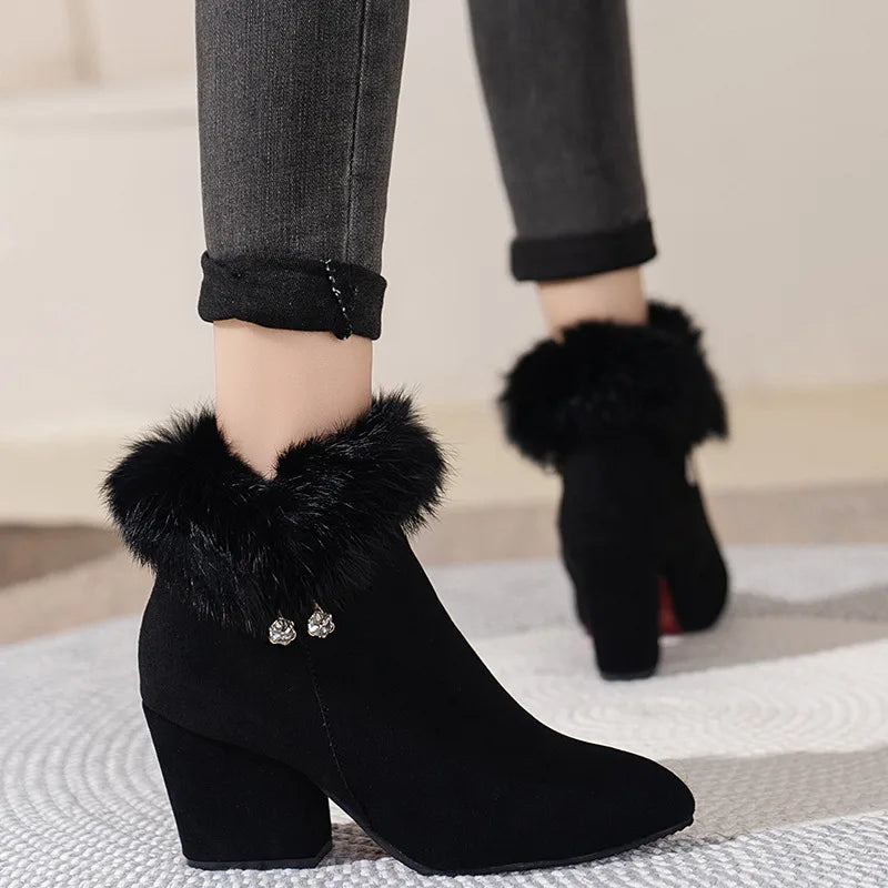 Zara | Women's Faux Fur-Trimmed Block Heel Ankle Boots - Color:Black;Size:35