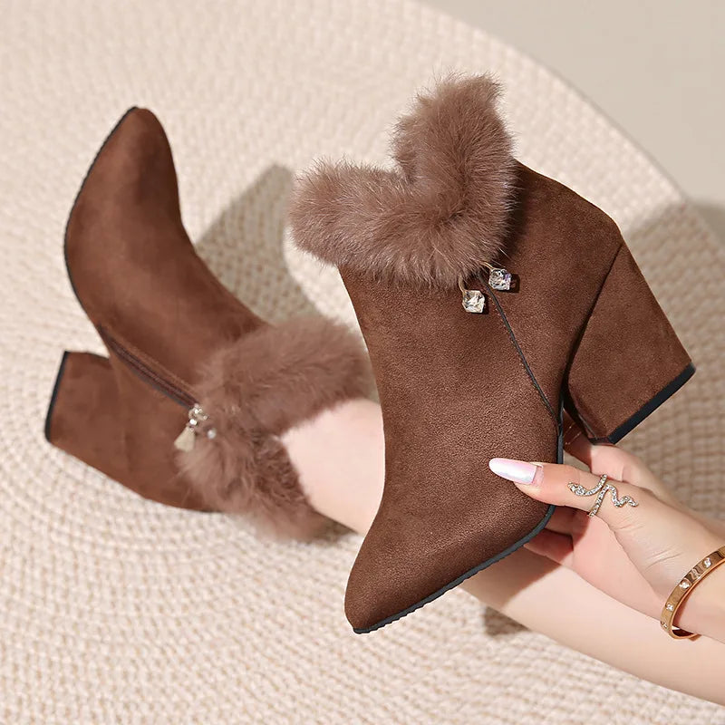 Zara | Women's Faux Fur-Trimmed Block Heel Ankle Boots - Color:Brown;Size:35
