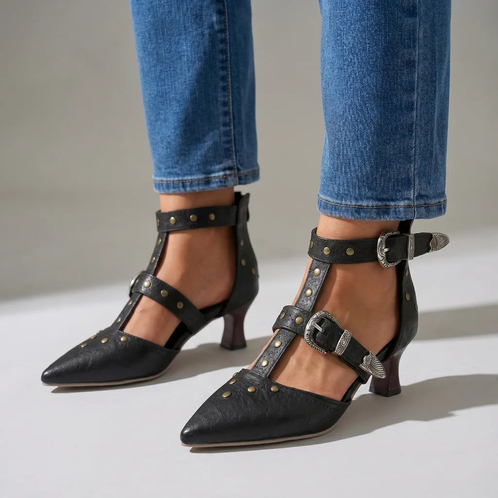 Zarah Western Studded Heels - Color:Black;Size:35