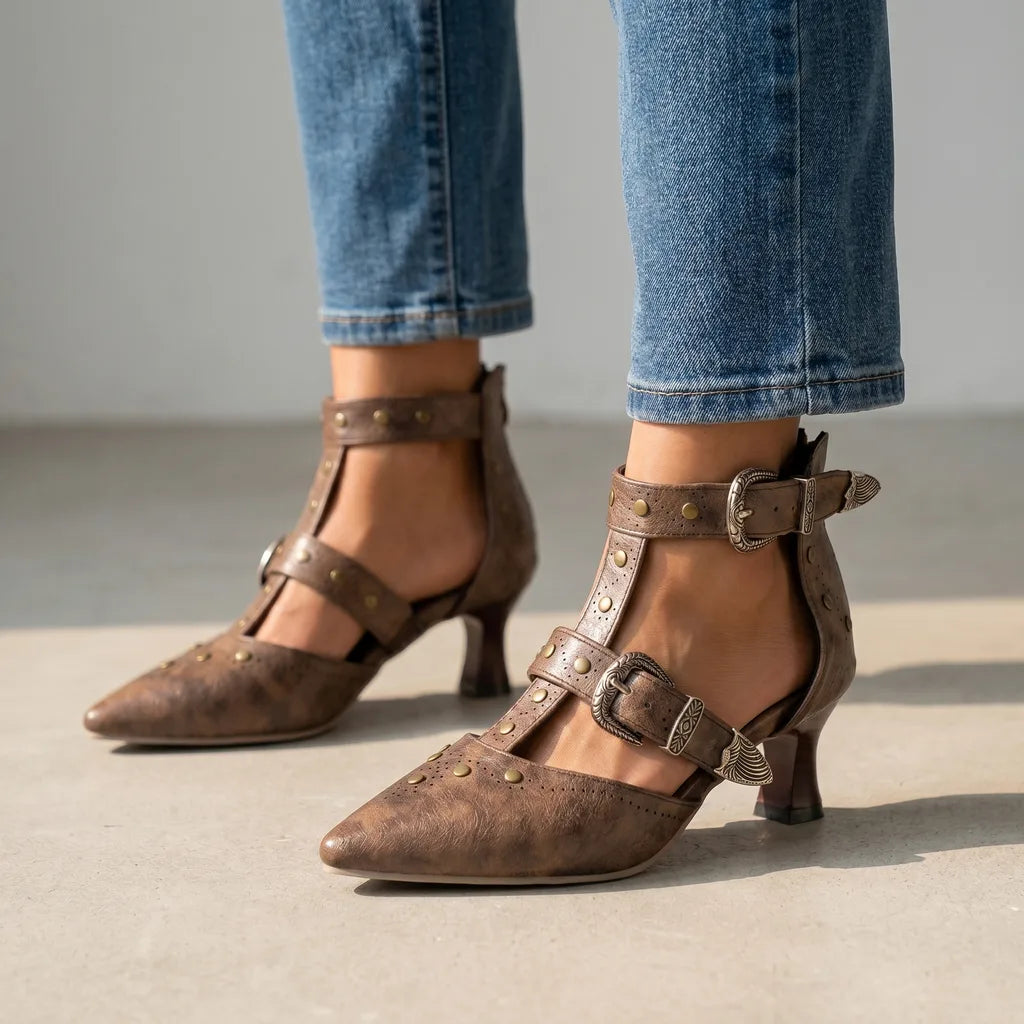 Zarah Western Studded Heels - Color:Brown;Size:35