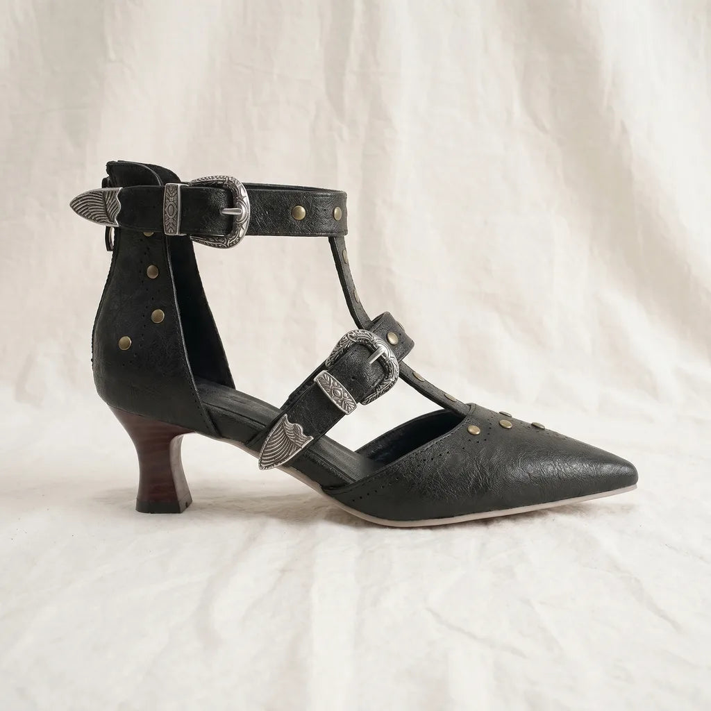 Women's Black Zara Pointed T-Strap Sandals