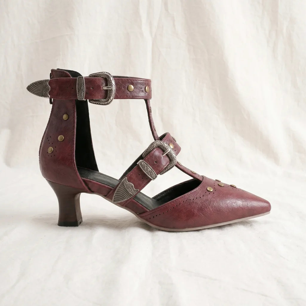 Women's Red Zara Pointed T-Strap Sandals