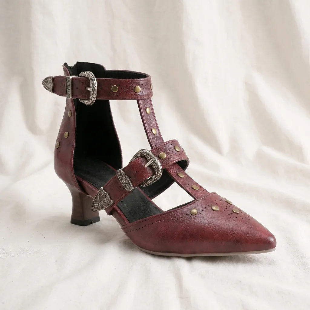 Women's Red Zara Pointed T-Strap Sandals