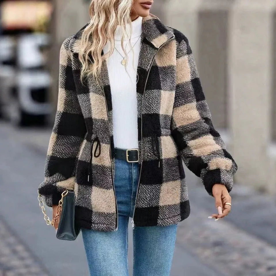 Zoya | Women's Cosy Checkered Cardigan Jacket - Color:Black & Beige;Size:XS